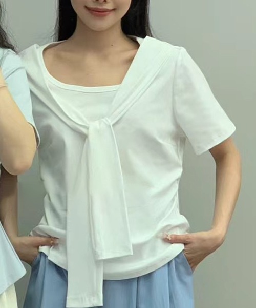 Lace Ladies(レースレディース)の「ボウタイ リボン クルーネック 半袖 Tシャツ(Tシャツ/カットソー・レディース・アイボリー/ブラック/ブルー・M/XL)」の5枚目の写真