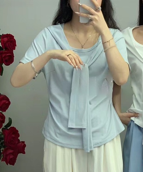 Lace Ladies(レースレディース)の「ボウタイ リボン クルーネック 半袖 Tシャツ(Tシャツ/カットソー・レディース・アイボリー/ブラック/ブルー・M/XL)」の6枚目の写真