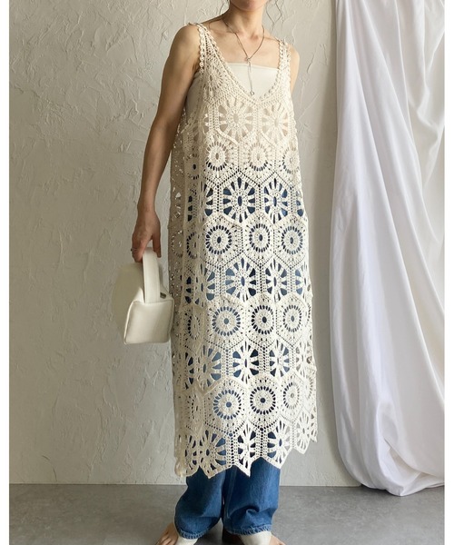 セール】綿100%ロング丈深Vネックかぎ編みクロシェワンピース