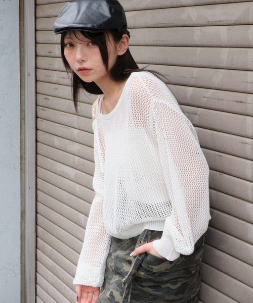 WEGO（ウィゴー）の「WEGO/2WAYオフショルメッシュニット（Tシャツ/カットソー・レディース・ブラック系その他5/ブラック/ホワイト・FREE）」の2枚目の写真