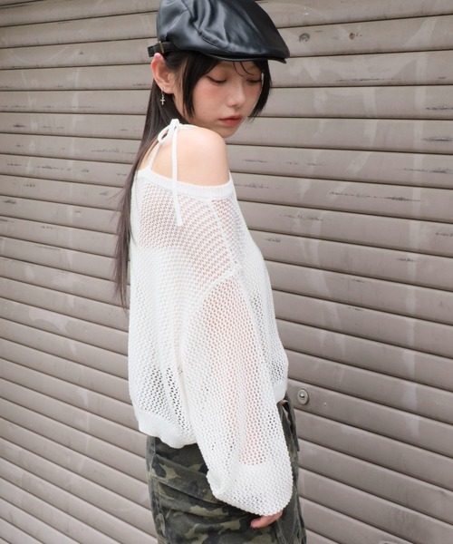 WEGO（ウィゴー）の「WEGO/2WAYオフショルメッシュニット（Tシャツ/カットソー・レディース・ブラック系その他5/ブラック/ホワイト・FREE）」の15枚目の写真