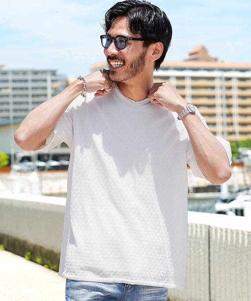 jiggys shop(ジギーズショップ)の「ダイヤ柄 ロールVネック ドライタッチ 半袖 サマーニット(ニット/セーター・メンズ・ホワイト/ブラック/グレー/ブルー系その他・MEDIUM/LARGE/X-LARGE)」の2枚目の写真