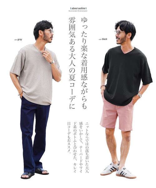 jiggys shop(ジギーズショップ)の「ダイヤ柄 ロールVネック ドライタッチ 半袖 サマーニット(ニット/セーター・メンズ・ホワイト/ブラック/グレー/ブルー系その他・MEDIUM/LARGE/X-LARGE)」の7枚目の写真