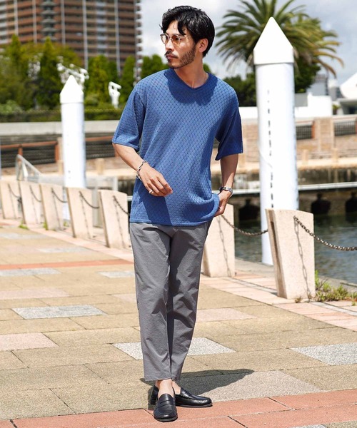 jiggys shop(ジギーズショップ)の「ダイヤ柄 ロールVネック ドライタッチ 半袖 サマーニット(ニット/セーター・メンズ・ホワイト/ブラック/グレー/ブルー系その他・MEDIUM/LARGE/X-LARGE)」の16枚目の写真