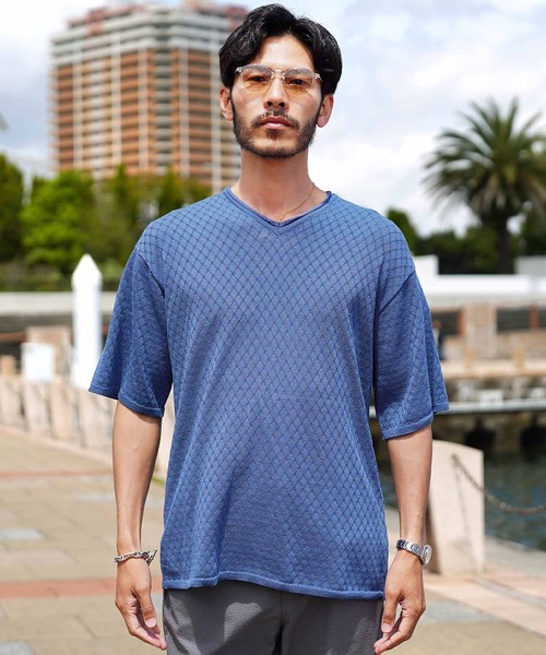 jiggys shop(ジギーズショップ)の「ダイヤ柄 ロールVネック ドライタッチ 半袖 サマーニット(ニット/セーター・メンズ・ホワイト/ブラック/グレー/ブルー系その他・MEDIUM/LARGE/X-LARGE)」の17枚目の写真