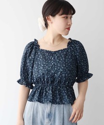 フラワー刺繍フリルヘムブラウス