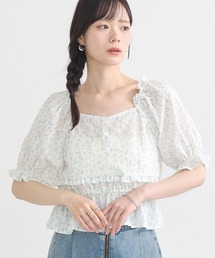 フラワー刺繍フリルヘムブラウス