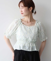 フラワー刺繍フリルヘムブラウス