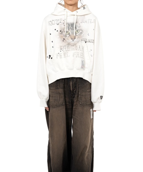 Maison MIHARA YASUHIRO(メゾンミハラヤスヒロ)の「Cat Printed Embellished Distressed Hoodie(スウェット・レディース・ホワイト/ブラック・38/36)」の4枚目の写真