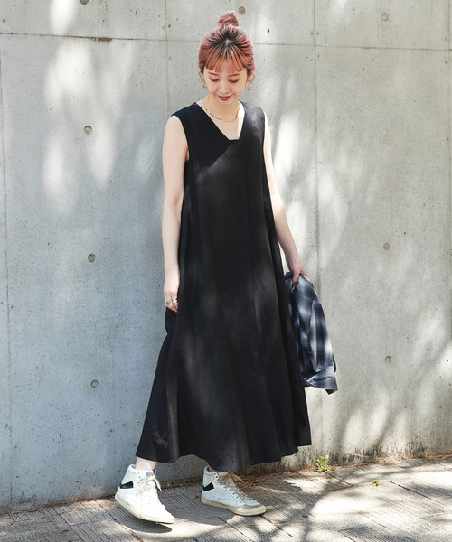 シンプリシテェ ベーセーストック　リネンレーヨンスリーブレスワンピース　レッド ベーセーストック B.C STOCK 《追加5》リネンレーヨンスリーブ
