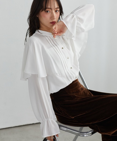 RANAN(ラナン)の「ピンタックフレア長袖ブラウス(シャツ/ブラウス・レディース・ホワイト/ホワイト系その他/ブラック・L/LL/M)」の2枚目の写真