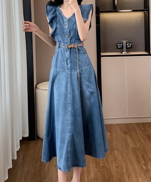 デニムブルー フリル付きワンピース PROPORTION BODY DRESSING ワンピース 「E」フリルデニム