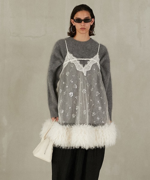 PRANK PROJECT(プランクプロジェクト)の「シークインファートリムベビードール / Sequin Fur Trim Baby Doll(チュニック・レディース・ホワイト・FREE)」の1枚目の写真