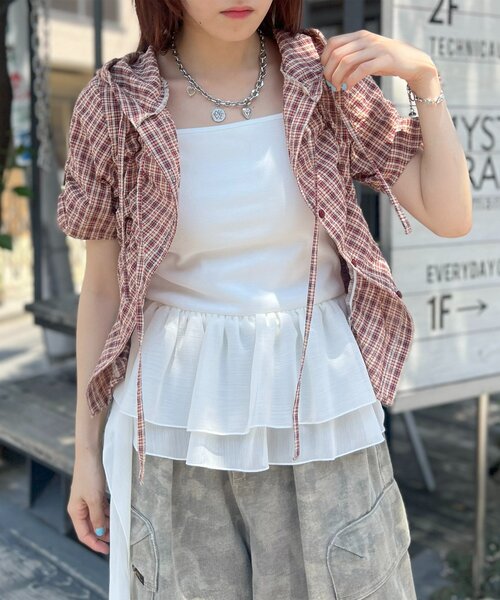 w closet（ダブルクローゼット）の「【25AW】フーディーチェックシャツ（シャツ/ブラウス・レディース・レッド/カーキ/ブルー・FREE）」の3枚目の写真