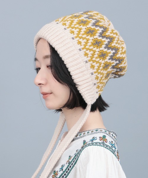 チチカカ(チチカカ)の「紐付きニットキャップ(ニットキャップ/ビーニー・レディース・オフホワイト/ブラック・FREE)」の4枚目の写真