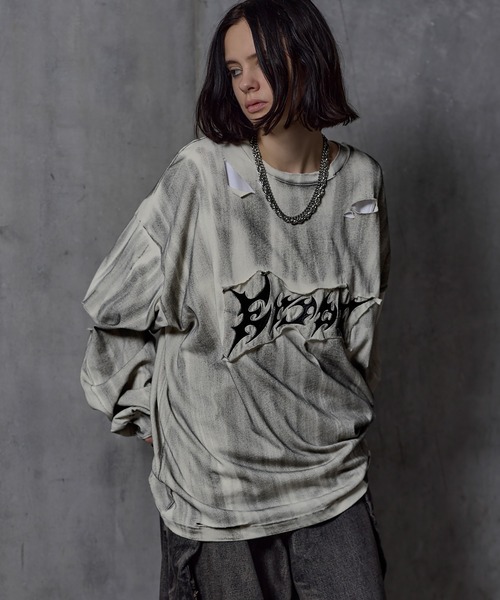 ERAR(エラー)の「【ERAR】ケミカルウォッシュ加工/スプレー加工 ハイダメージヴィンテージロゴ刺繍ロンT/Tシャツ(Tシャツ/カットソー・メンズ・ブラック/ホワイト・S/M/L/XL)」の7枚目の写真