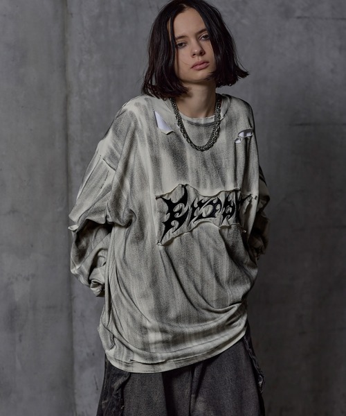 ERAR(エラー)の「【ERAR】ケミカルウォッシュ加工/スプレー加工 ハイダメージヴィンテージロゴ刺繍ロンT/Tシャツ(Tシャツ/カットソー・メンズ・ブラック/ホワイト・S/M/L/XL)」の10枚目の写真