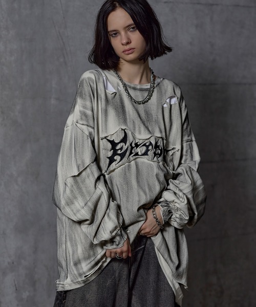ERAR(エラー)の「【ERAR】ケミカルウォッシュ加工/スプレー加工 ハイダメージヴィンテージロゴ刺繍ロンT/Tシャツ(Tシャツ/カットソー・メンズ・ブラック/ホワイト・S/M/L/XL)」の12枚目の写真