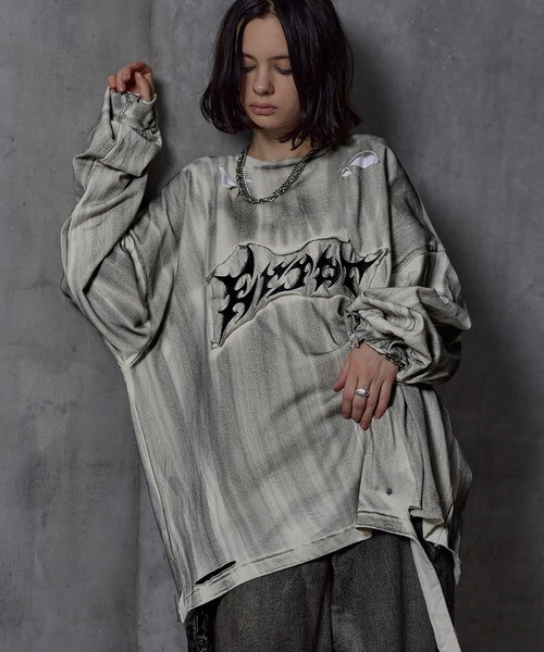 ERAR(エラー)の「【ERAR】ケミカルウォッシュ加工/スプレー加工 ハイダメージヴィンテージロゴ刺繍ロンT/Tシャツ(Tシャツ/カットソー・メンズ・ブラック/ホワイト・S/M/L/XL)」の13枚目の写真