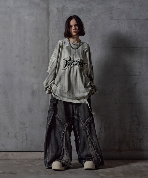 ERAR(エラー)の「【ERAR】ケミカルウォッシュ加工/スプレー加工 ハイダメージヴィンテージロゴ刺繍ロンT/Tシャツ(Tシャツ/カットソー・メンズ・ブラック/ホワイト・S/M/L/XL)」の14枚目の写真