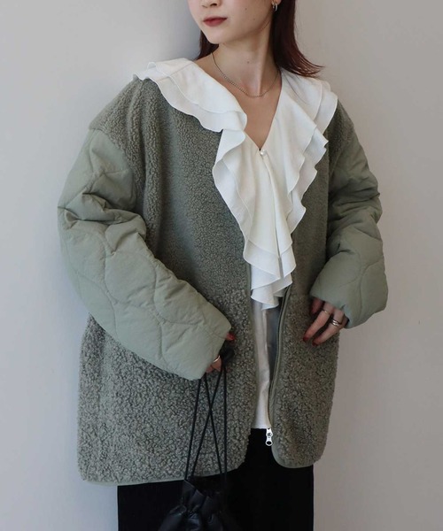 earth music&ecology（アースミュージックアンドエコロジー）の「【2025AW】ボアキルトミドルコート（ブルゾン・レディース・カーキ/ブラック/アイボリー・FREE）」の3枚目の写真