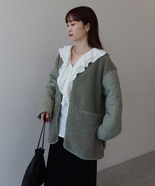 earth music&ecology（アースミュージックアンドエコロジー）の「【2025AW】ボアキルトミドルコート（ブルゾン・レディース・カーキ/ブラック/アイボリー・FREE）」の8枚目の写真