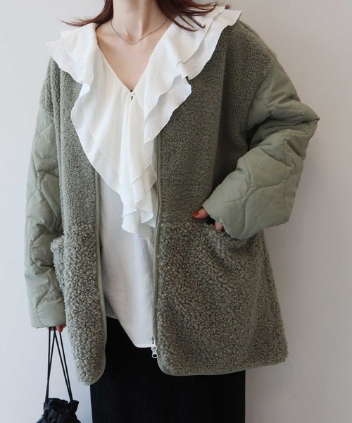 earth music&ecology（アースミュージックアンドエコロジー）の「【2025AW】ボアキルトミドルコート（ブルゾン・レディース・カーキ/ブラック/アイボリー・FREE）」の10枚目の写真