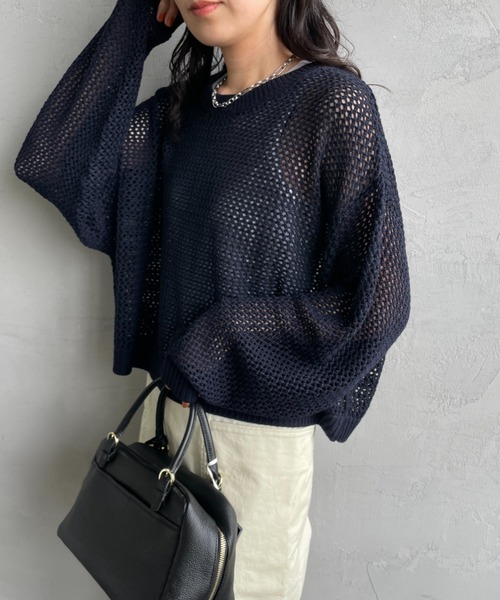 mizuiro ind/ミズイロインド] メッシュ クルーネックニット