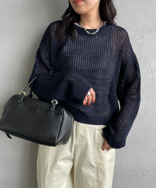 mizuiroind（ミズイロインド）の「[mizuiro ind/ミズイロインド] メッシュ クルーネックニット（ニット/セーター・レディース・ライトグレー/ブラック・F）」の10枚目の写真
