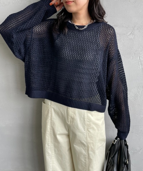 mizuiro ind/ミズイロインド] メッシュ クルーネックニット