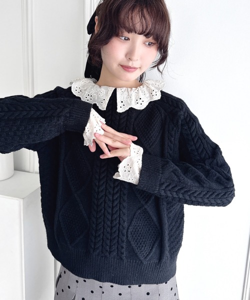 Loueme(ルエム)の「コットンレースドッキングケーブルニット(ニット/セーター・レディース・ブラウン/アイボリー/ブラック・FREE)」の2枚目の写真