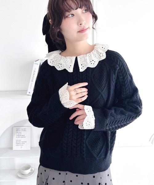 Loueme(ルエム)の「コットンレースドッキングケーブルニット(ニット/セーター・レディース・ブラウン/アイボリー/ブラック・FREE)」の10枚目の写真