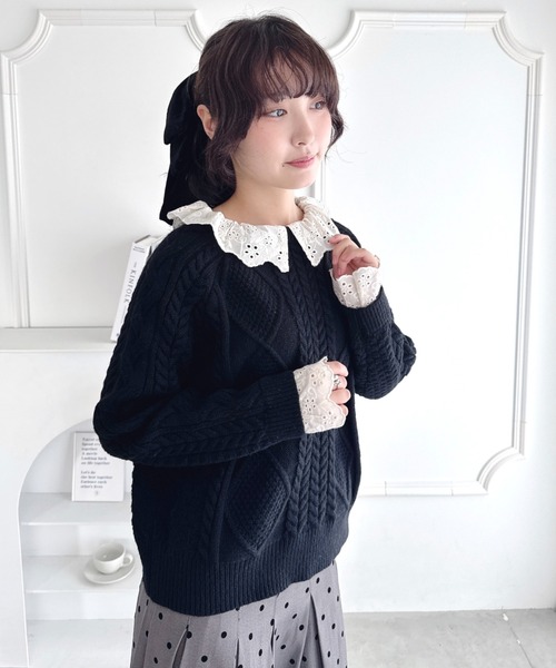 Loueme(ルエム)の「コットンレースドッキングケーブルニット(ニット/セーター・レディース・ブラウン/アイボリー/ブラック・FREE)」の11枚目の写真