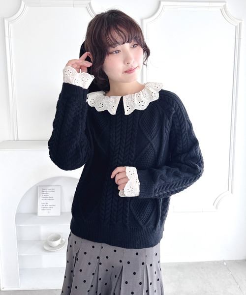 Loueme(ルエム)の「コットンレースドッキングケーブルニット(ニット/セーター・レディース・ブラウン/アイボリー/ブラック・FREE)」の12枚目の写真