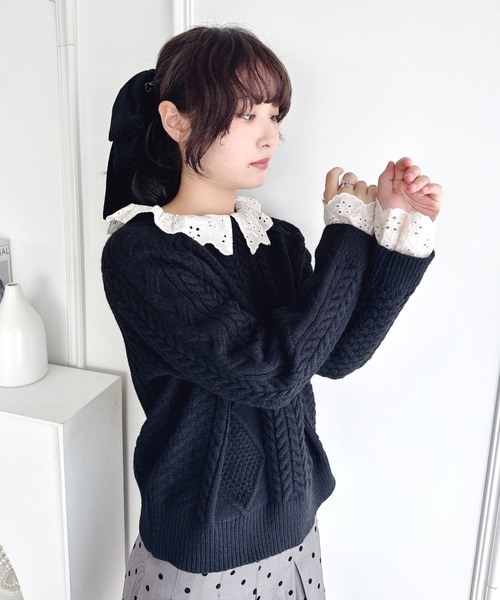 Loueme(ルエム)の「コットンレースドッキングケーブルニット(ニット/セーター・レディース・ブラウン/アイボリー/ブラック・FREE)」の13枚目の写真