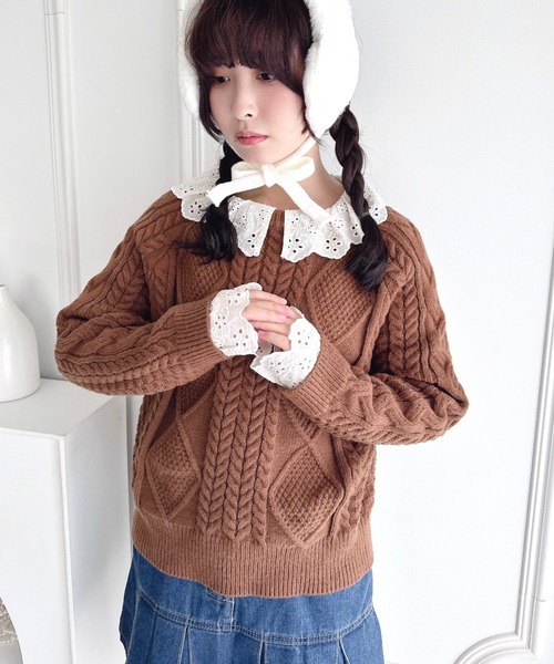 Loueme(ルエム)の「コットンレースドッキングケーブルニット(ニット/セーター・レディース・ブラウン/アイボリー/ブラック・FREE)」の15枚目の写真