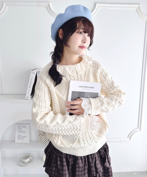 Loueme(ルエム)の「コットンレースドッキングケーブルニット(ニット/セーター・レディース・ブラウン/アイボリー/ブラック・FREE)」の5枚目の写真
