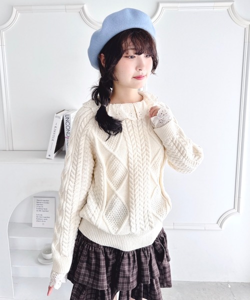 Loueme(ルエム)の「コットンレースドッキングケーブルニット(ニット/セーター・レディース・ブラウン/アイボリー/ブラック・FREE)」の6枚目の写真