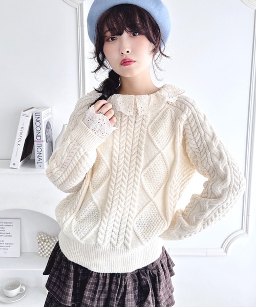 Loueme(ルエム)の「コットンレースドッキングケーブルニット(ニット/セーター・レディース・ブラウン/アイボリー/ブラック・FREE)」の4枚目の写真