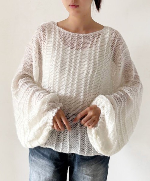 ReRe(リリ)の「ざっくり編みシースルーニットトップス(ニット/セーター・レディース・オフホワイト/ピンク/イエロー/パープル・FREE)」の6枚目の写真