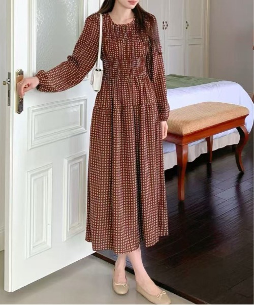セール】サイケ風ペイズリー柄ドットクルーネック長袖ワンピース