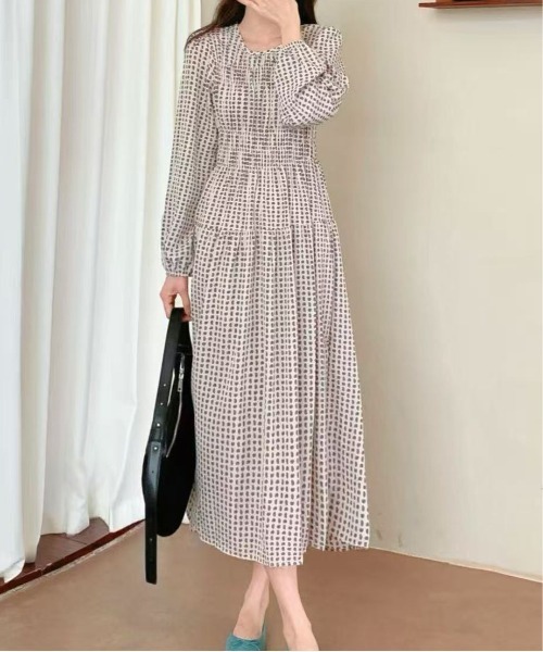 セール】サイケ風ペイズリー柄ドットクルーネック長袖ワンピース