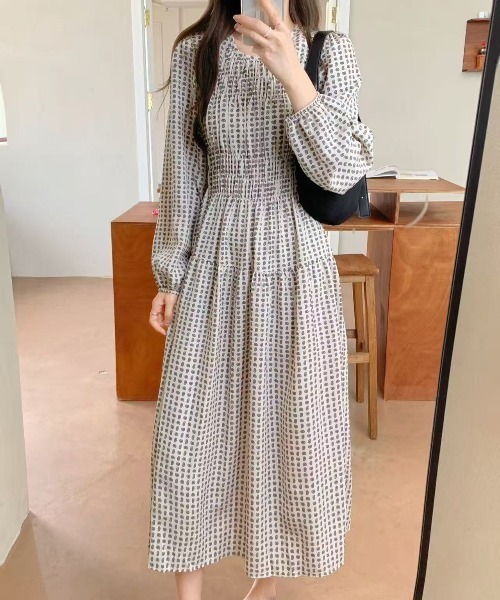 セール】サイケ風ペイズリー柄ドットクルーネック長袖ワンピース