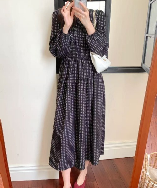 セール】サイケ風ペイズリー柄ドットクルーネック長袖ワンピース