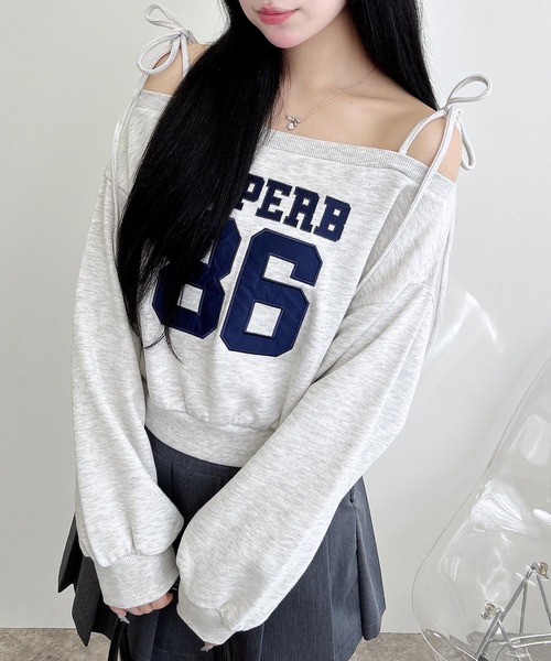 INGNI（イング）の「オフショル肩リボンナンバリングスウェットトップス（スウェット・レディース・カモフラージュ/オートミール/ボルドー/チャコールグレー・M）」の14枚目の写真