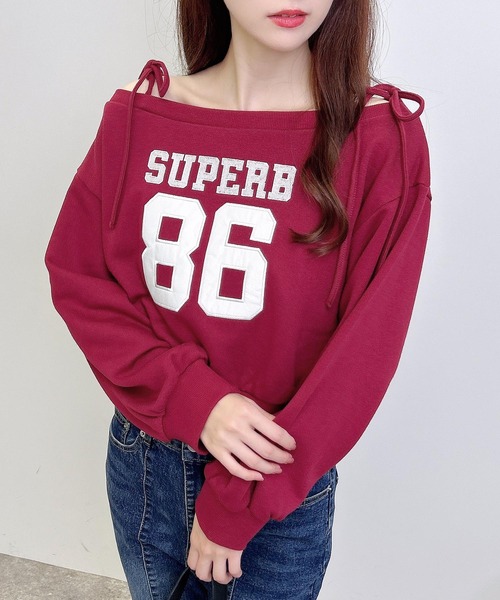 INGNI（イング）の「オフショル肩リボンナンバリングスウェットトップス（スウェット・レディース・カモフラージュ/オートミール/ボルドー/チャコールグレー・M）」の10枚目の写真