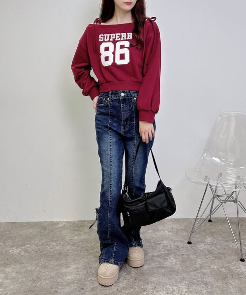 INGNI（イング）の「オフショル肩リボンナンバリングスウェットトップス（スウェット・レディース・カモフラージュ/オートミール/ボルドー/チャコールグレー・M）」の8枚目の写真