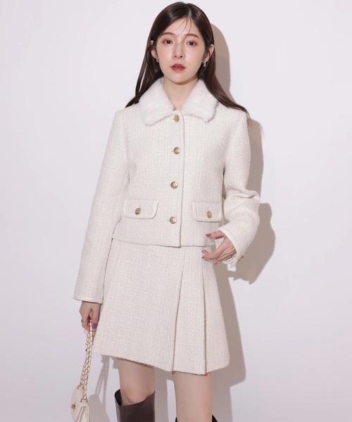 リランドチュール　カーディガン　ピンク　アプワイザー　 コート ファーカラーツィードジャケット（その他アウター）｜Rirandture