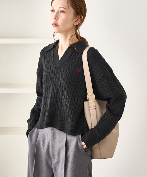 BEVERLY HILLS POLO CLUB(ビバリーヒルズポロクラブ)の「【BEVERLYHILLS POLO CLUB・新色追加】ケーブル編みクロップドスキッパーニット(ニット/セーター・レディース・チャコールグレー/ベージュ/キナリ/サックスブルー・FREE)」の8枚目の写真