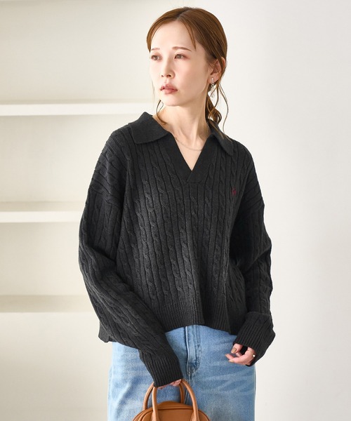 BEVERLY HILLS POLO CLUB(ビバリーヒルズポロクラブ)の「【BEVERLYHILLS POLO CLUB・新色追加】ケーブル編みクロップドスキッパーニット(ニット/セーター・レディース・チャコールグレー/ベージュ/キナリ/サックスブルー・FREE)」の13枚目の写真